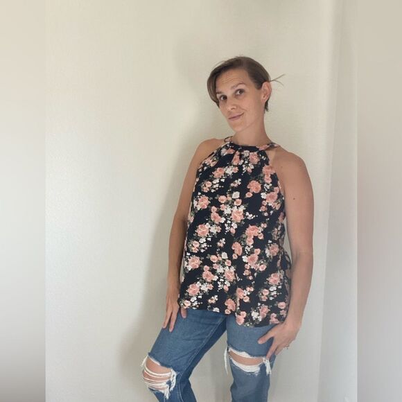 Floral Sleeveless Blouse Pink Flowers Black Medium Keyhole Back Tie - Picture 5 of 12